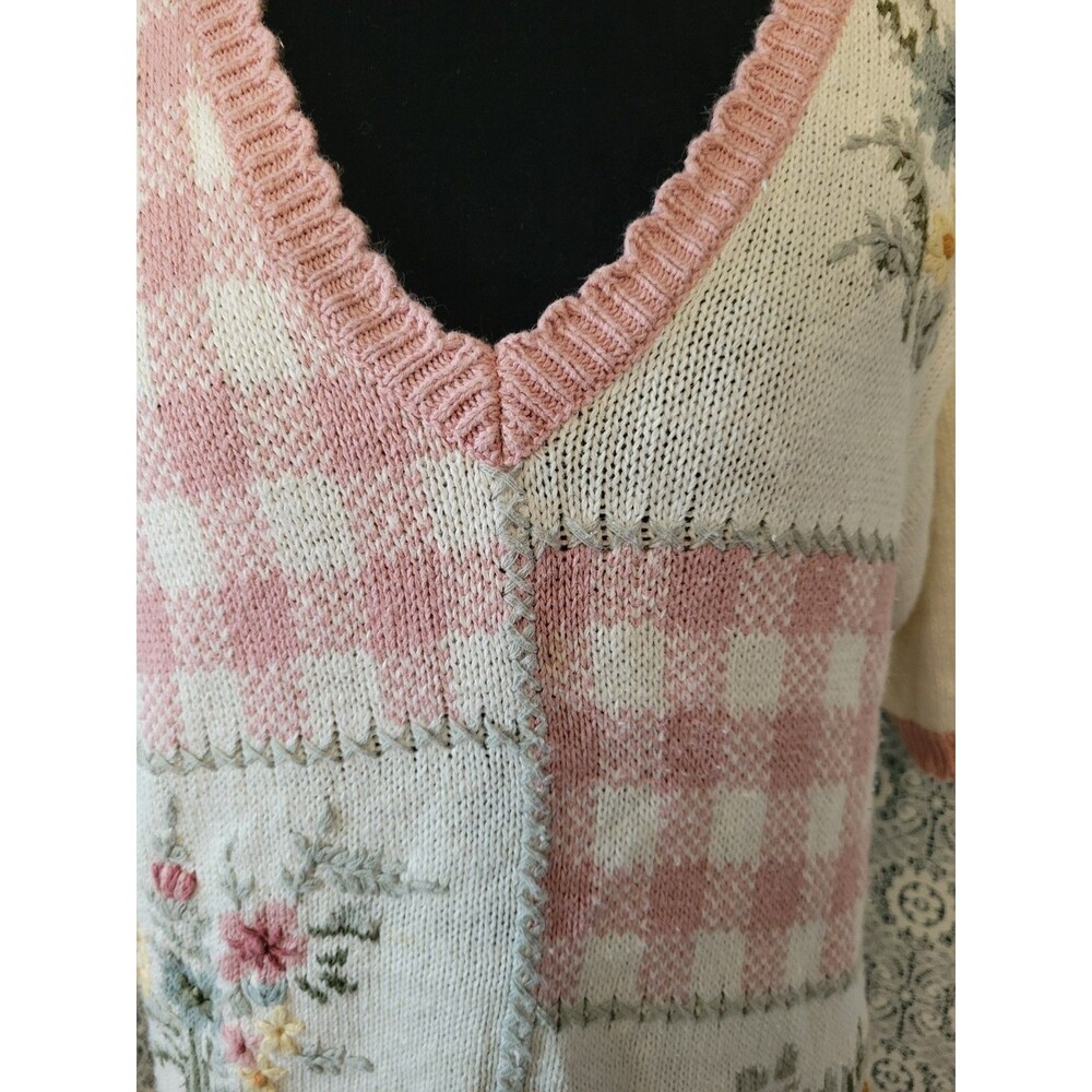 Vintage 90s Knit & Pearl Collectibles Patchwork Sweater Large Cotton Ramie Pink - Picture 4 of 16